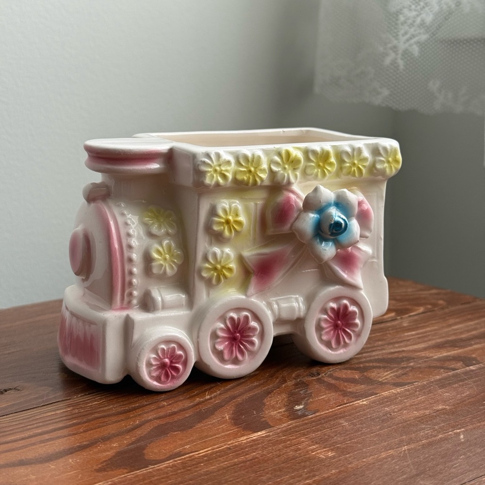 Vintage 60s Napco Porcelain Plant Pot Nursery Decor Train Japan - Picture 2 of 14
